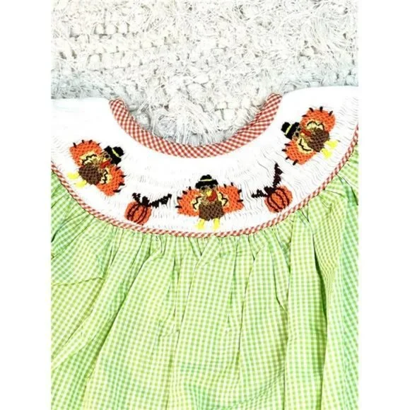 Beautiful Smocked Girl's Lime Green Gingham Thanksgiving Turkey Bishop Dress - Picture 4 of 7